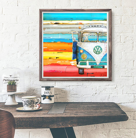 Playing Hooky - VW Volkswagen Bus at the Beach - Mixed Media Collage -Danny Phillips Fine Art Print