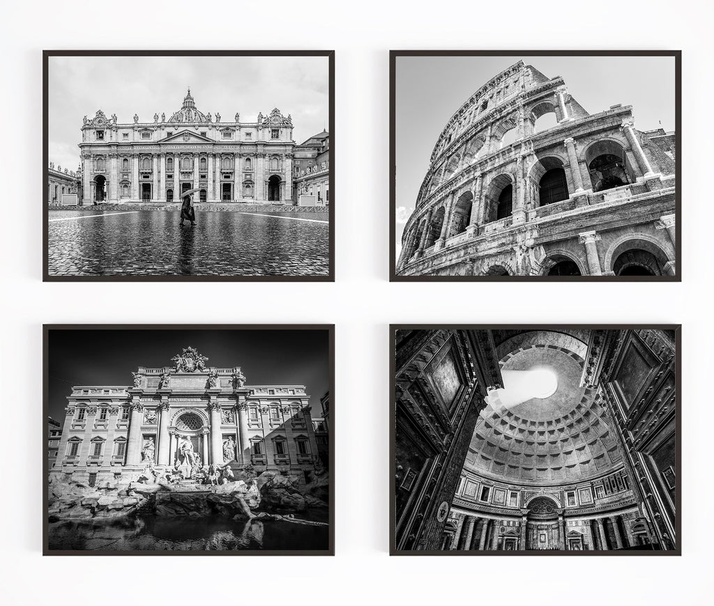 Black and White Rome Photography Prints, Set of 4, Coastal Wall Decor
