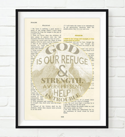 God is our Refuge & Strength - Psalm 46:1 Vintage Bible Page Christian ART PRINT