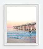 Sunrise Surfer at Beach by the Pier Dock Boardwalk Photography Print, Coastal Wall Decor