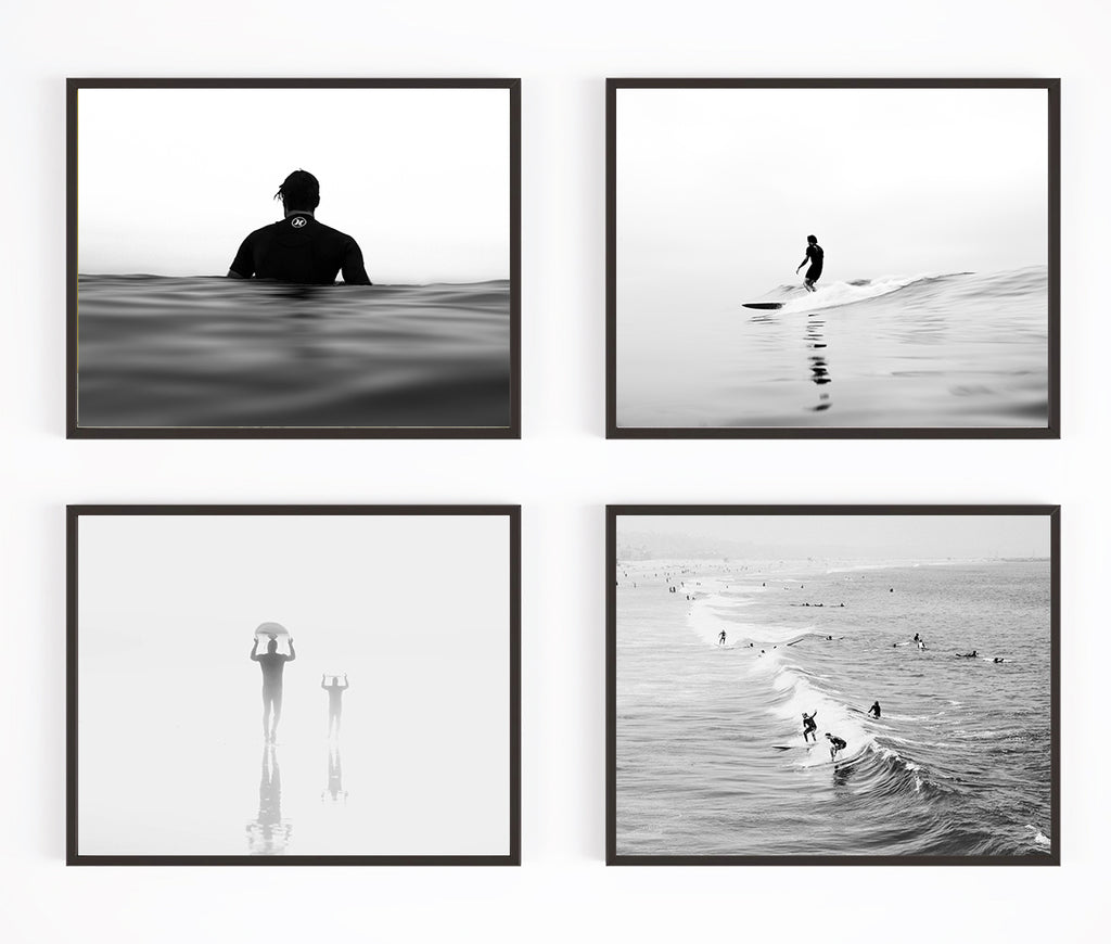 Black and White Surfing Photography Prints, Set of 4, Beach Coastal Wall Decor