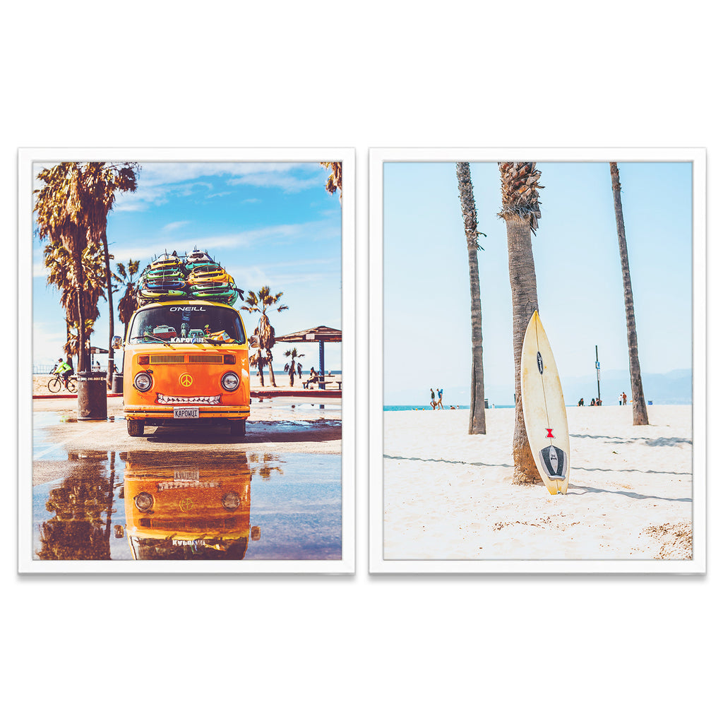 Antique Classic Volkswagen Vw Van Bus and Surfboards Photography Prints, Set of 2
