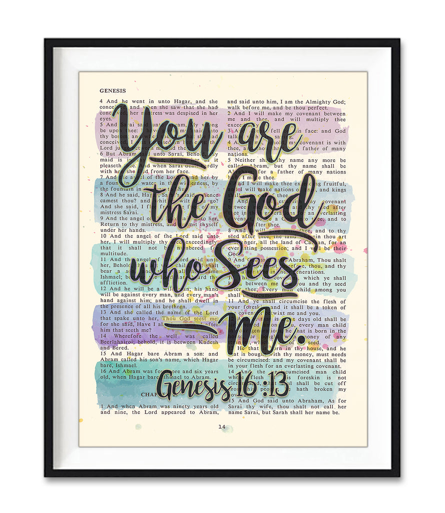 You are the God who Sees Me - Genesis 16:13 Vintage Bible Page Christian ART PRINT