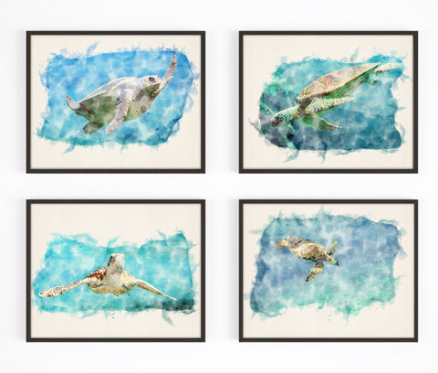 Sea Turtle Digital Sketch and Watercolor Reproduction Art Prints, Set of 4, Nautical Coastal Home Wall Art Decor Poster