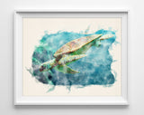 Sea Turtle Digital Sketch and Watercolor Reproduction Art Prints, Set of 4, Nautical Coastal Home Wall Art Decor Poster