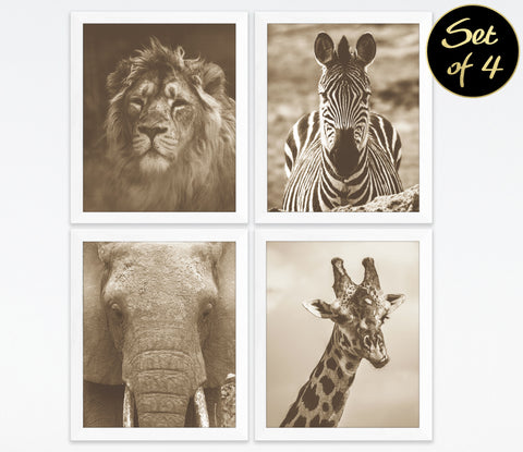 Safari Animals Photography Prints, Set of 4, Sepia African Wall Decor