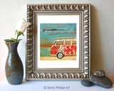 Santa Cruise - Red VW Volkswagen Bus Van - Mixed Media Collage -Danny Phillips Fine Art Print