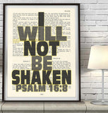 I Will Not Be Shaken-Psalm 16:8-Vintage Bible Page Christian ART PRINT