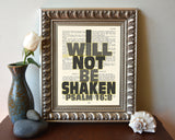 I Will Not Be Shaken-Psalm 16:8-Vintage Bible Page Christian ART PRINT