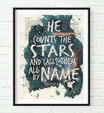 He counts the stars- Psalms 147:4 Bible Page Christian ART PRINT