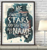 He counts the stars- Psalms 147:4 Bible Page Christian ART PRINT