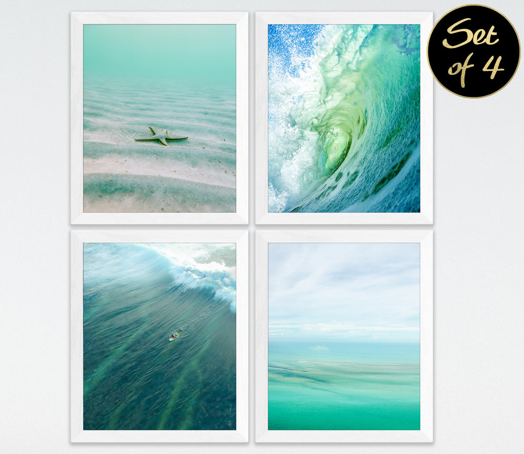 Teal Blue Green Ocean Series Photography Prints, Set of 4, Starfish, Surfboard, Waves, Coastal Nautical Wall Decor