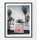 Pink Volkswagen Vw Bus Van with Palm Trees Photography Print, Coastal Wall Decor