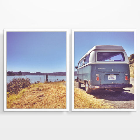 Blue Volkswagen Vw Bus at Lake Photography Prints, Set of 2, Adventure Wall Decor