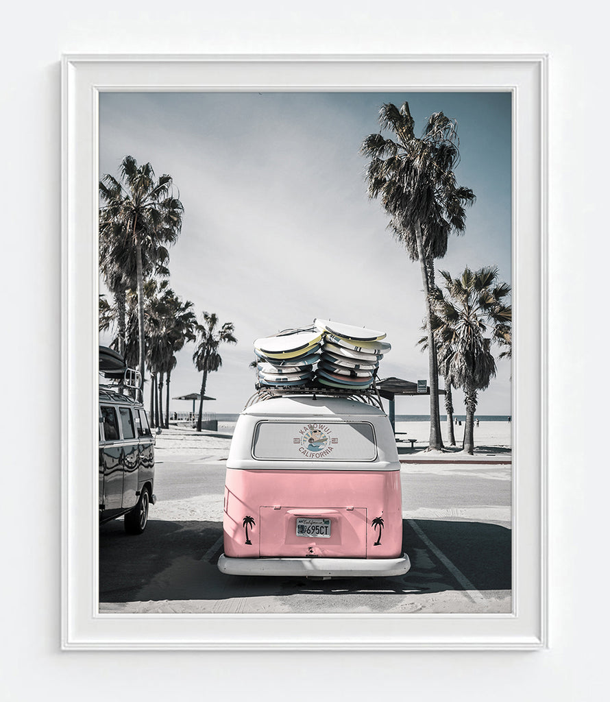 Pink Volkswagen Vw Bus Van with Palm Trees Photography Print, Coastal Wall Decor