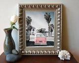 Pink Volkswagen Vw Bus Van with Palm Trees Photography Print, Coastal Wall Decor