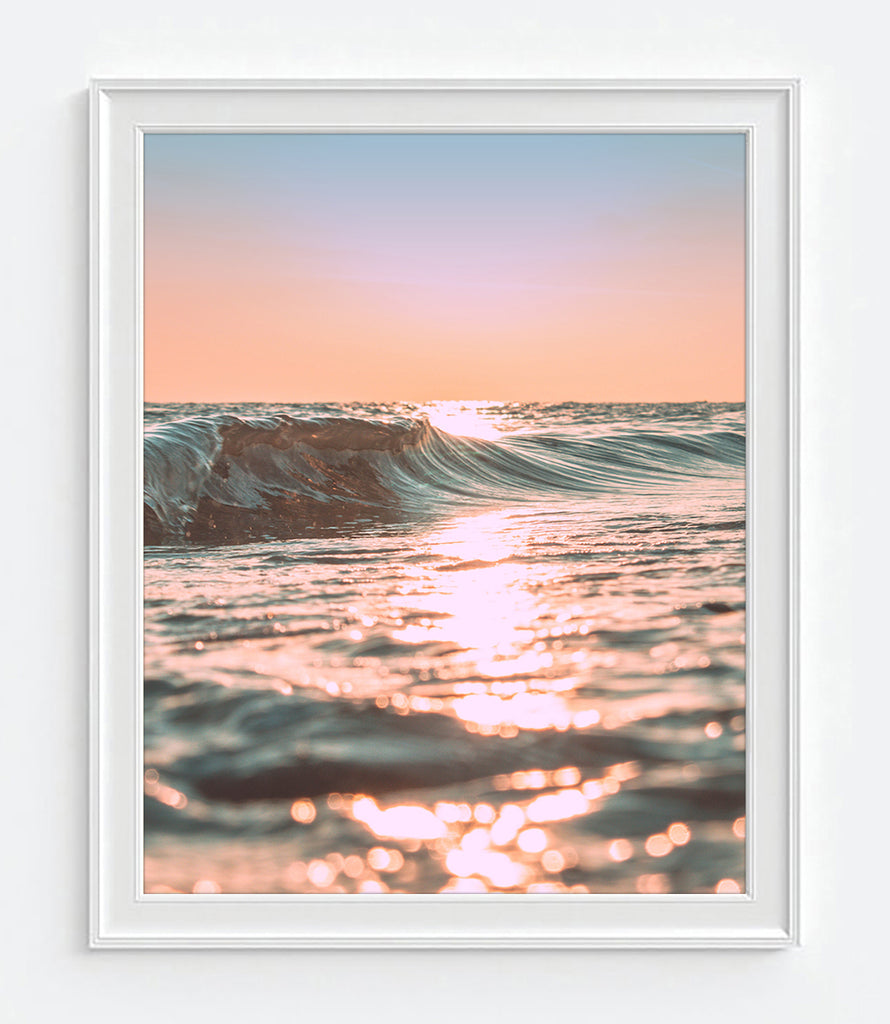 Pink Sunset Sunrise Ocean Wave Photography Print, Coastal Wall Decor