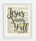Jesus Saves Y'all- Romans 10:9 Vintage Bible Page Christian ART PRINT